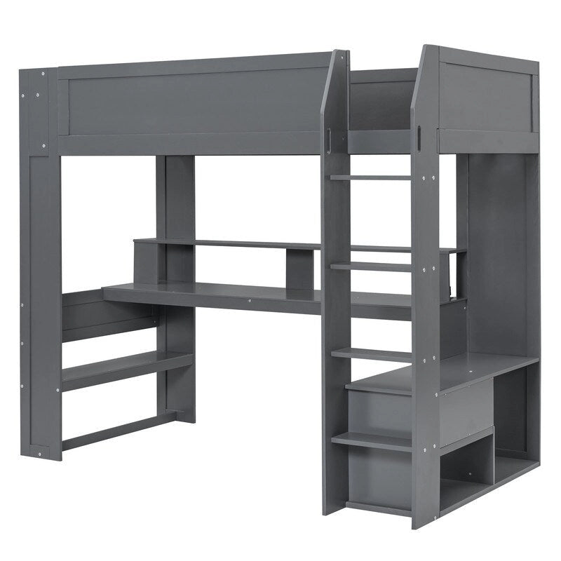 Wood Twin Size Gaming Loft Bed with Desk, Multi-storage Shelves, LED and Charging Station, Dark Gray