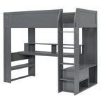 Wood Twin Size Gaming Loft Bed with Desk, Multi-storage Shelves, LED and Charging Station, Dark Gray