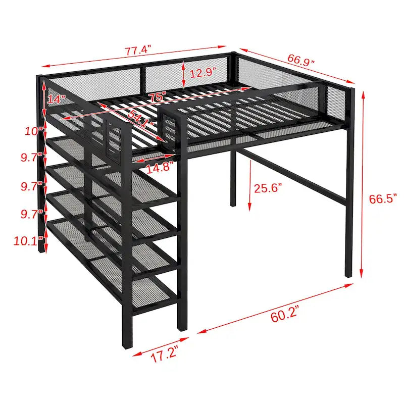Full Loft Bed with Four Shelves