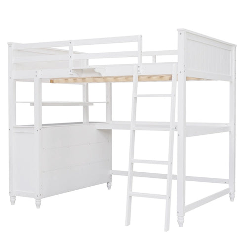 Full Size Loft Bed with Drawers and Desk, Wooden Loft Bed with Shelves