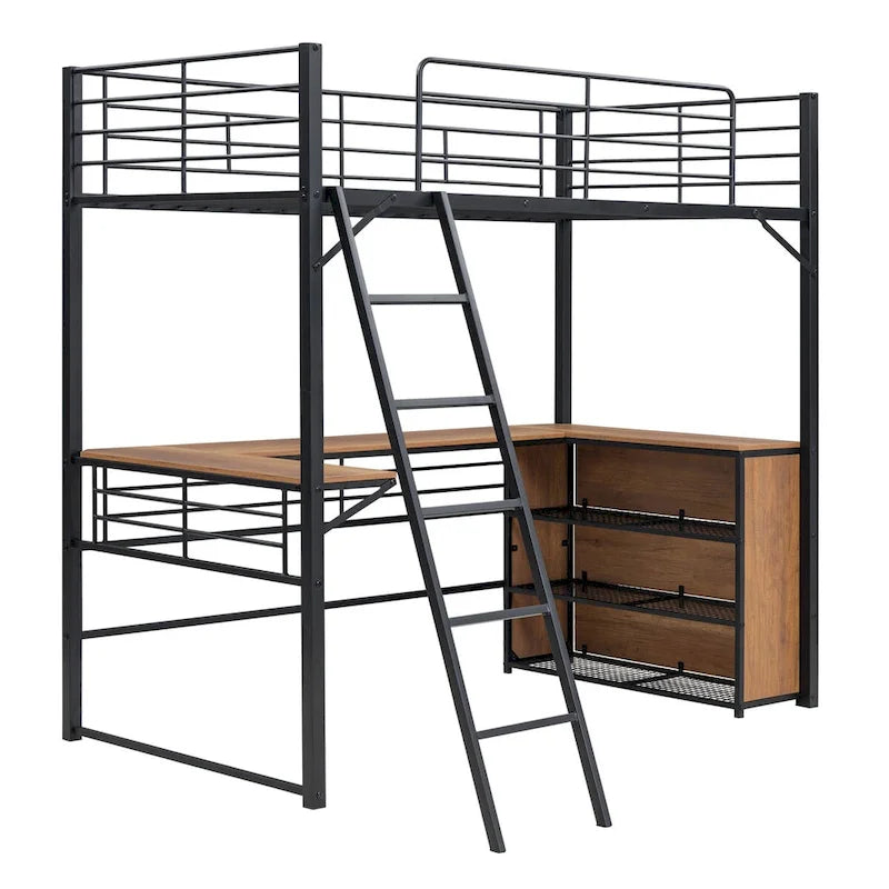Black Twin Metal Loft Bed with Shelves & Desk