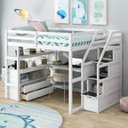 Wooden Full Size Loft Bed with Desk and Shelves, Two Built-in Drawers, Storage Staircase