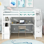 Wooden Full Size Loft Bed with Desk and Shelves, Two Built-in Drawers, Storage Staircase