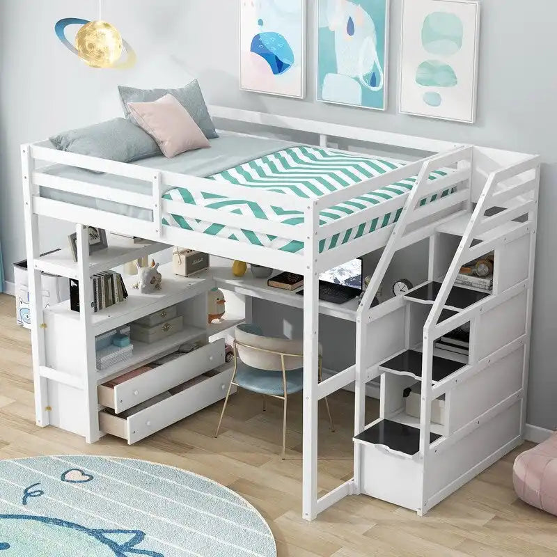 Wooden Full Size Loft Bed with Desk and Shelves, Two Built-in Drawers, Storage Staircase