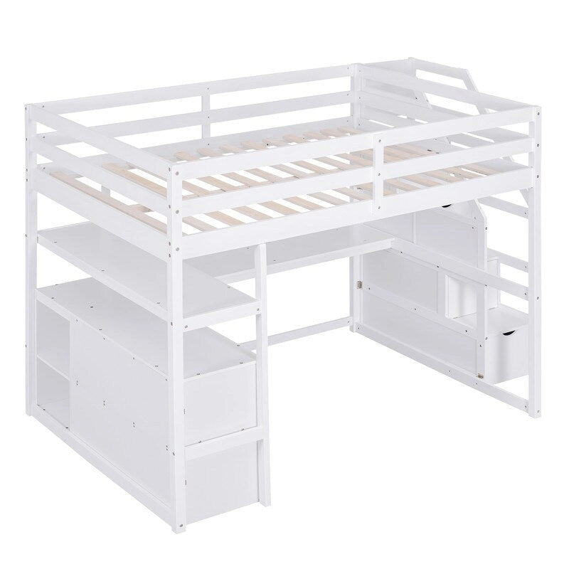 Wooden Full Size Loft Bed with Desk and Shelves, Two Built-in Drawers, Storage Staircase