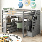 Wooden Full Size Loft Bed with Desk and Shelves, Two Built-in Drawers, Storage Staircase