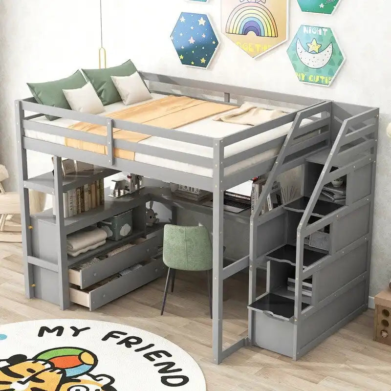 Wooden Full Size Loft Bed with Desk and Shelves, Two Built-in Drawers, Storage Staircase
