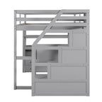 Wooden Full Size Loft Bed with Desk and Shelves, Two Built-in Drawers, Storage Staircase