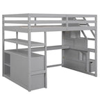 Wooden Full Size Loft Bed with Desk and Shelves, Two Built-in Drawers, Storage Staircase