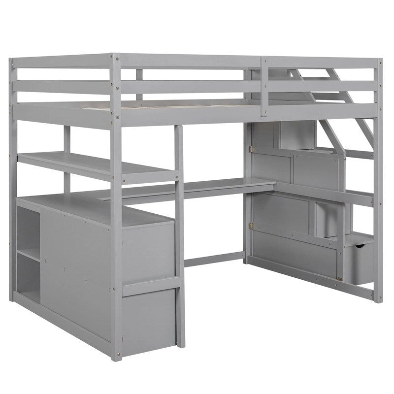 Wooden Full Size Loft Bed with Desk and Shelves, Two Built-in Drawers, Storage Staircase