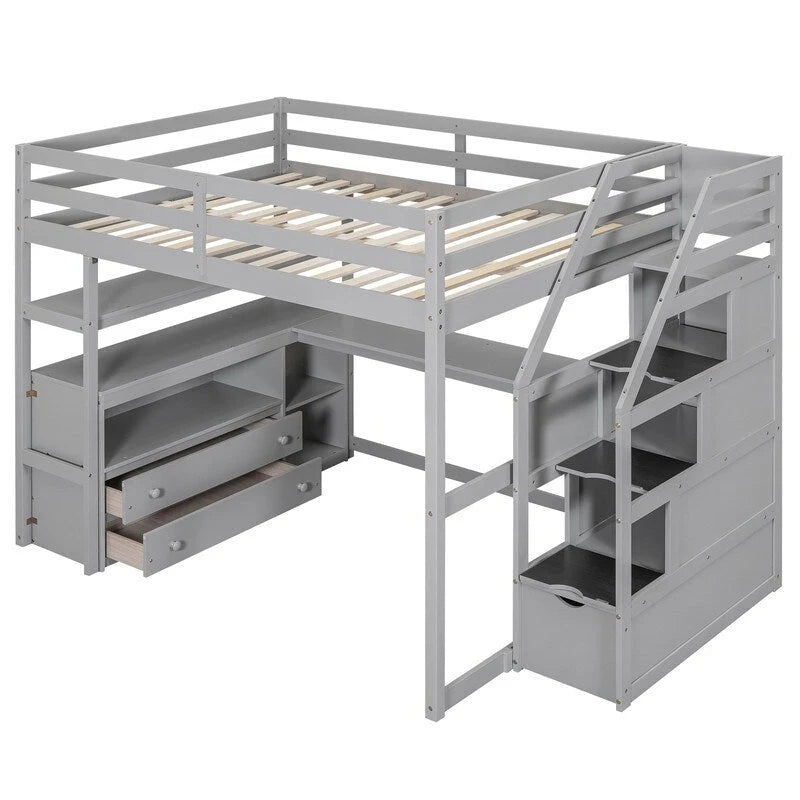 Wooden Full Size Loft Bed with Desk and Shelves, Two Built-in Drawers, Storage Staircase
