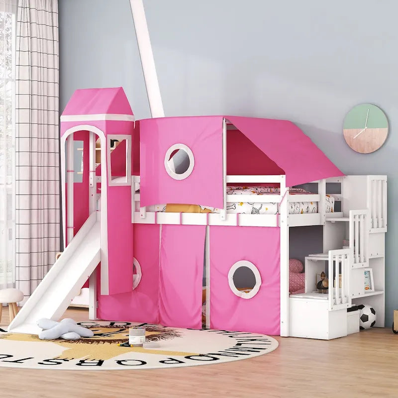 Castle style Loft Bed with Storage Staircase and Slide