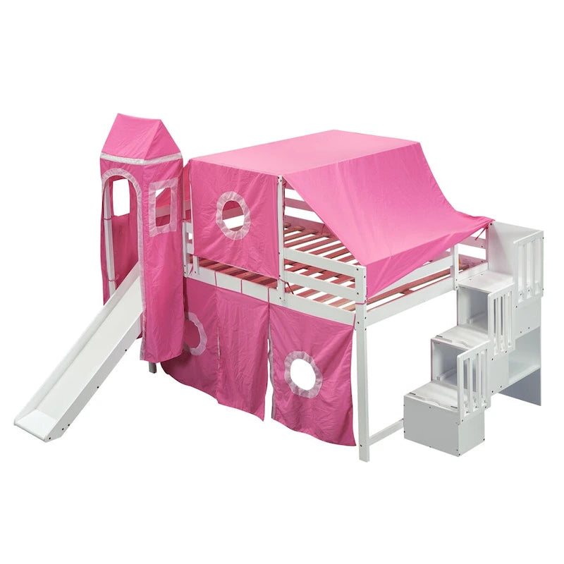 Castle style Loft Bed with Storage Staircase and Slide