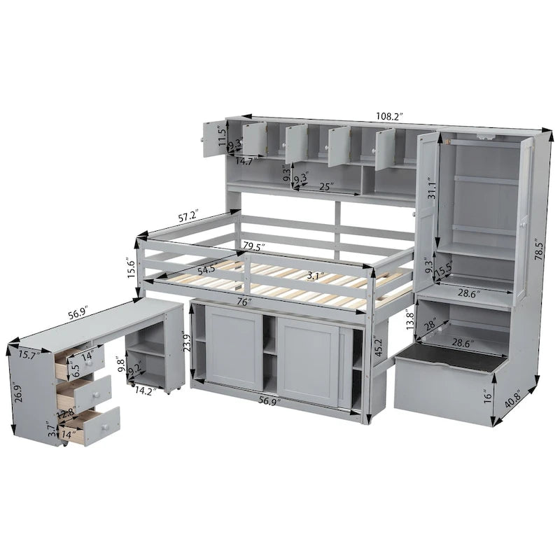 Wooden Loft Bed Big Storage with Under-bed Desk, Drawers and Shelves