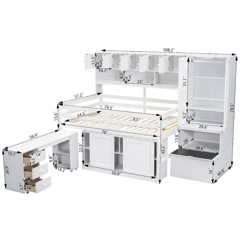 Wooden Loft Bed Big Storage with Under-bed Desk, Drawers and Shelves