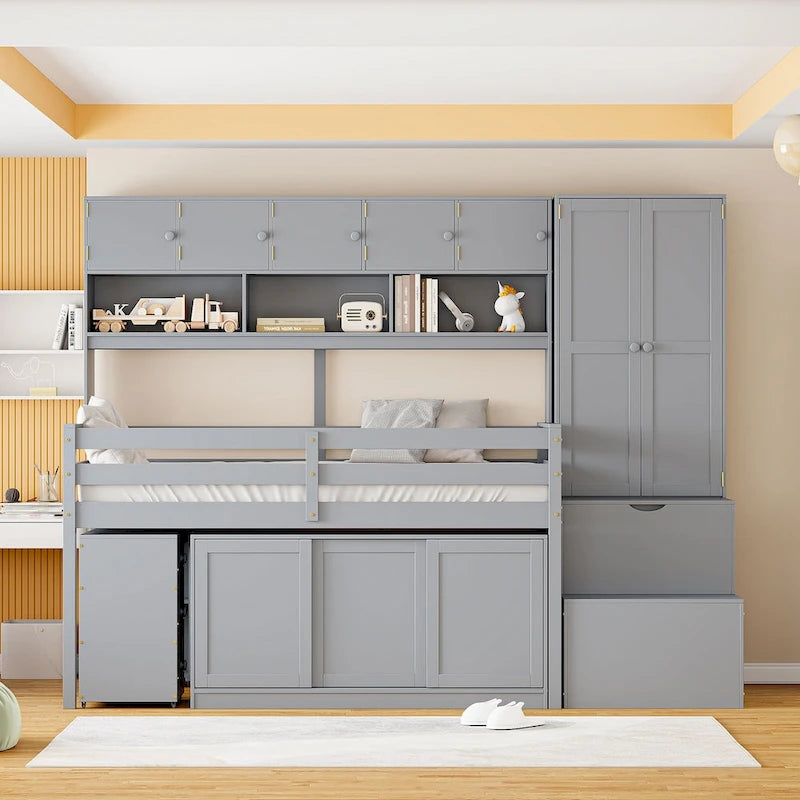 Wooden Loft Bed Big Storage with Under-bed Desk, Drawers and Shelves