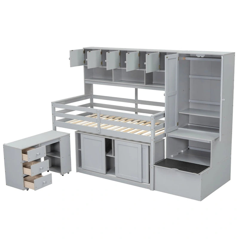 Wooden Loft Bed Big Storage with Under-bed Desk, Drawers and Shelves