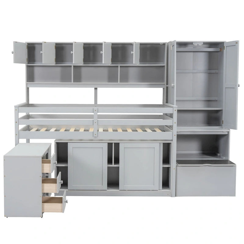 Wooden Loft Bed Big Storage with Under-bed Desk, Drawers and Shelves