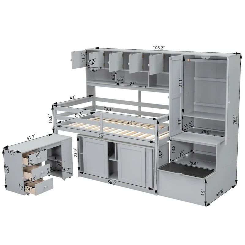 Wooden Loft Bed Big Storage with Under-bed Desk, Drawers and Shelves