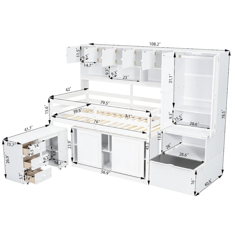 Wooden Loft Bed Big Storage with Under-bed Desk, Drawers and Shelves