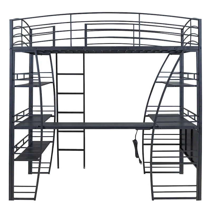Black Metal Loft Bed with 4 Layers of Shelves, L-Shaped Desk, Sockets, USB Ports, Wireless Charging