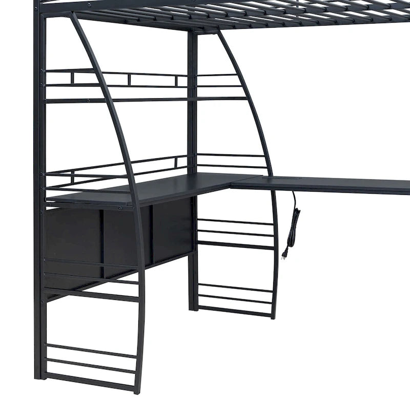 Black Metal Loft Bed with 4 Layers of Shelves, L-Shaped Desk, Sockets, USB Ports, Wireless Charging