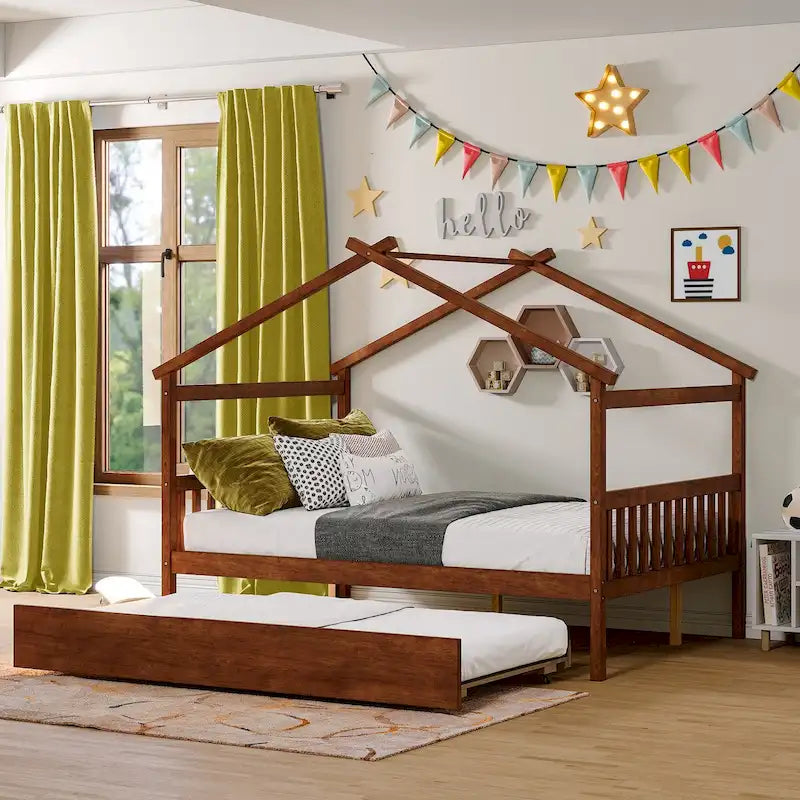 Wooden Full House Day Bed with Trundle