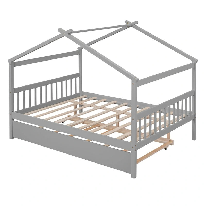 Wooden Full House Day Bed with Trundle