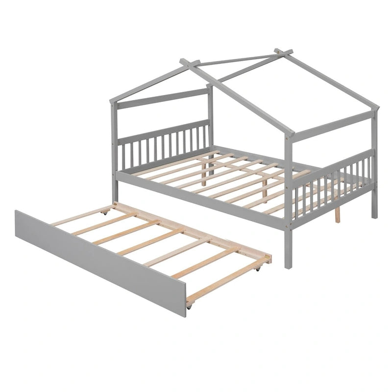 Wooden Full House Day Bed with Trundle