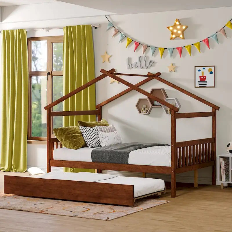 Wooden Full House Day Bed with Trundle