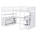White Loft Bed with Desk and Shelves, Two Built-in Drawers, Storage Staircase