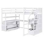 White Loft Bed with Desk and Shelves, Two Built-in Drawers, Storage Staircase