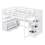 White Loft Bed with Desk and Shelves, Two Built-in Drawers, Storage Staircase