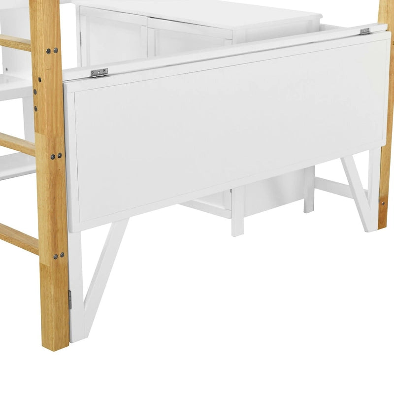 Full Size Loft Bed with Foldable Desk, Wood Loft Bed Frame with Built-in Storage Cabinet and Cubes