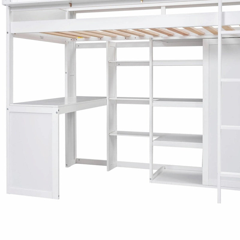 Wood Twin Size Loft Bed with Storage Shelves and Wardrobe