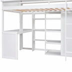 Wood Twin Size Loft Bed with Storage Shelves and Wardrobe