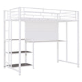 White Metal Loft Bed with Desk, Whiteboard, and 3 Shelves, Includes Ladder