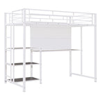 White Metal Loft Bed with Desk, Whiteboard, and 3 Shelves, Includes Ladder