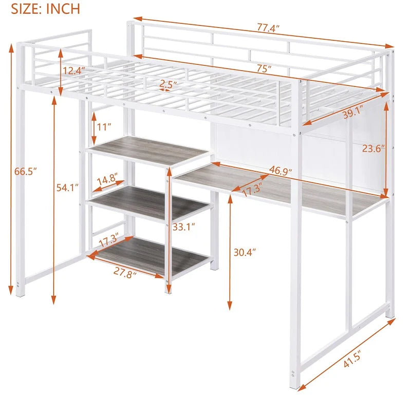 White Metal Loft Bed with Desk, Whiteboard, and 3 Shelves, Includes Ladder