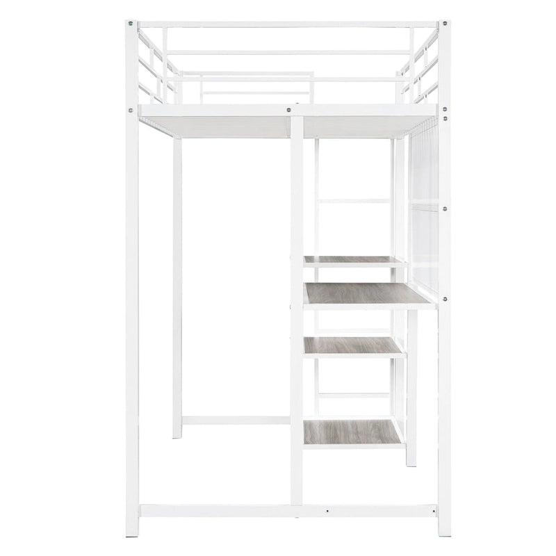 White Metal Loft Bed with Desk, Whiteboard, and 3 Shelves, Includes Ladder