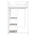 White Metal Loft Bed with Desk, Whiteboard, and 3 Shelves, Includes Ladder