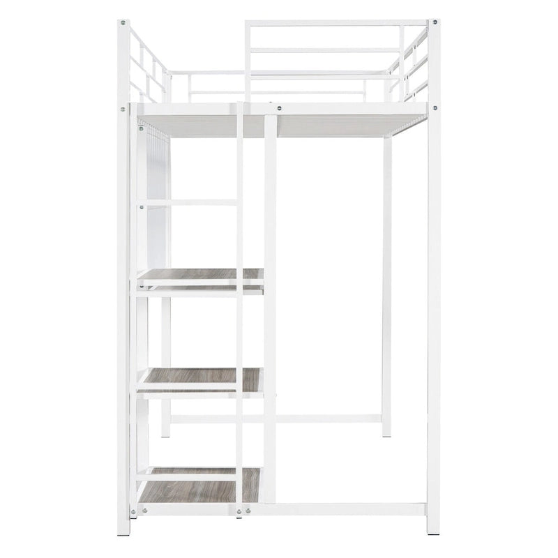 White Metal Loft Bed with Desk, Whiteboard, and 3 Shelves, Includes Ladder