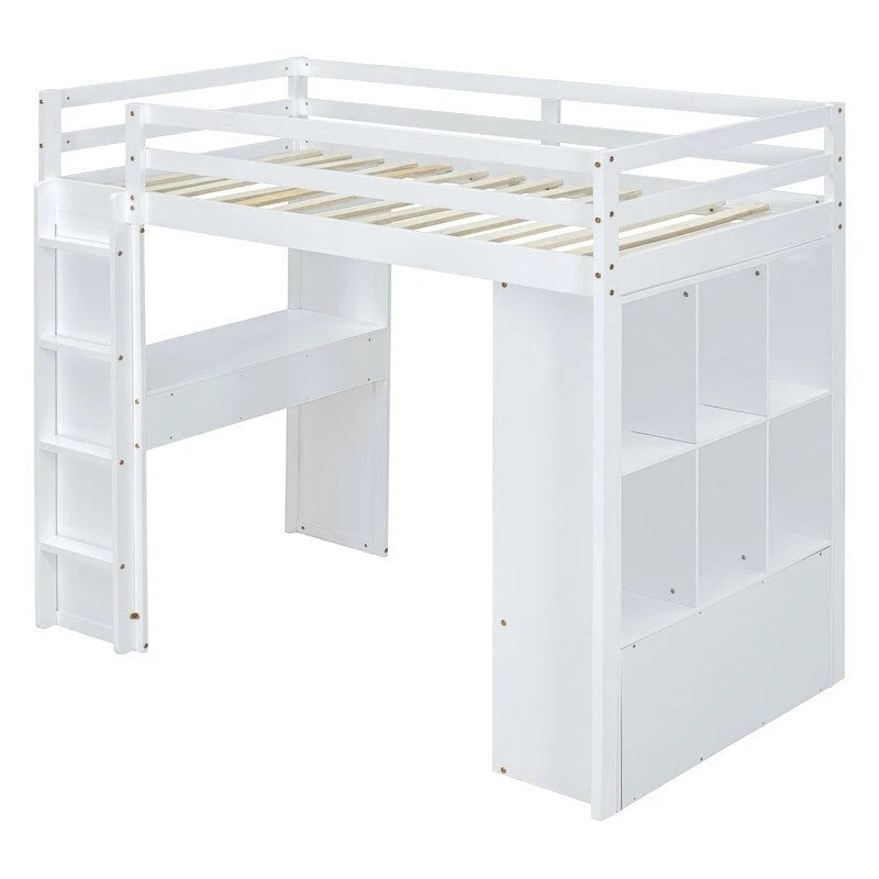 Full Size Loft Bed with Shelves, Drawers,Writing Desk and LED Light