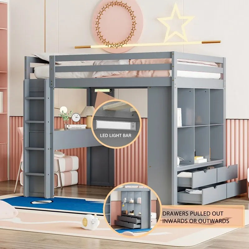 Full Size Loft Bed with Shelves, Drawers,Writing Desk and LED Light