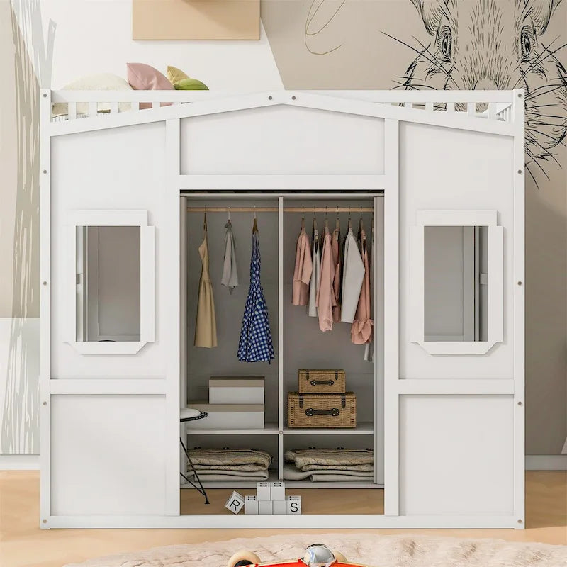 Full Size House Loft Bed With Ladder and Wardrobe