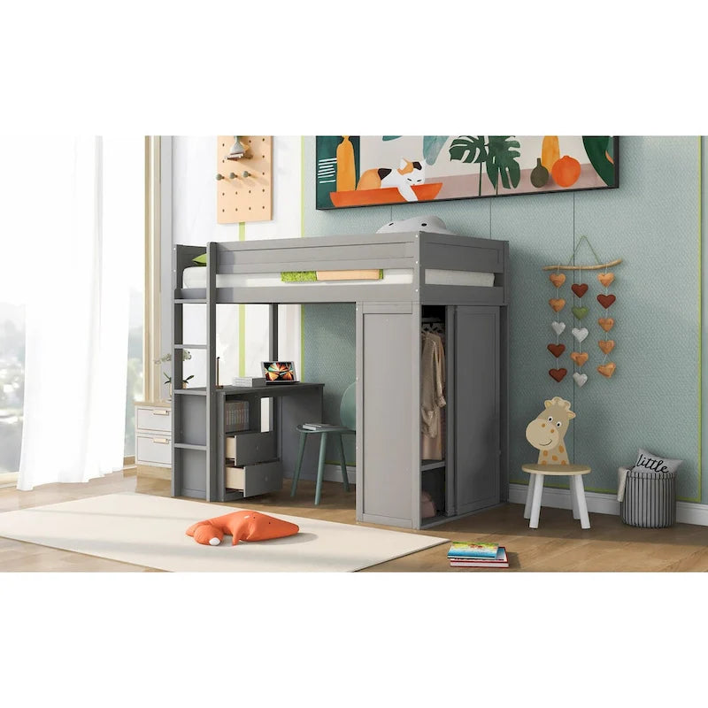 Wood Twin Size Loft Bed with Wardrobes and 2-Drawer Desk with Cabinet, Full-Length Guardrail Top Bunk for Kids Teens
