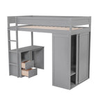 Wood Twin Size Loft Bed with Wardrobes and 2-Drawer Desk with Cabinet, Full-Length Guardrail Top Bunk for Kids Teens
