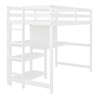 White Wooden Loft Bed with 3-Layer Shelves, Desk, and Writing Board, Full-Length Guardrail