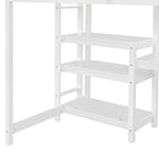 White Wooden Loft Bed with 3-Layer Shelves, Desk, and Writing Board, Full-Length Guardrail