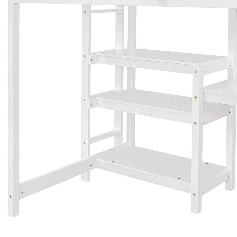 White Wooden Loft Bed with 3-Layer Shelves, Desk, and Writing Board, Full-Length Guardrail